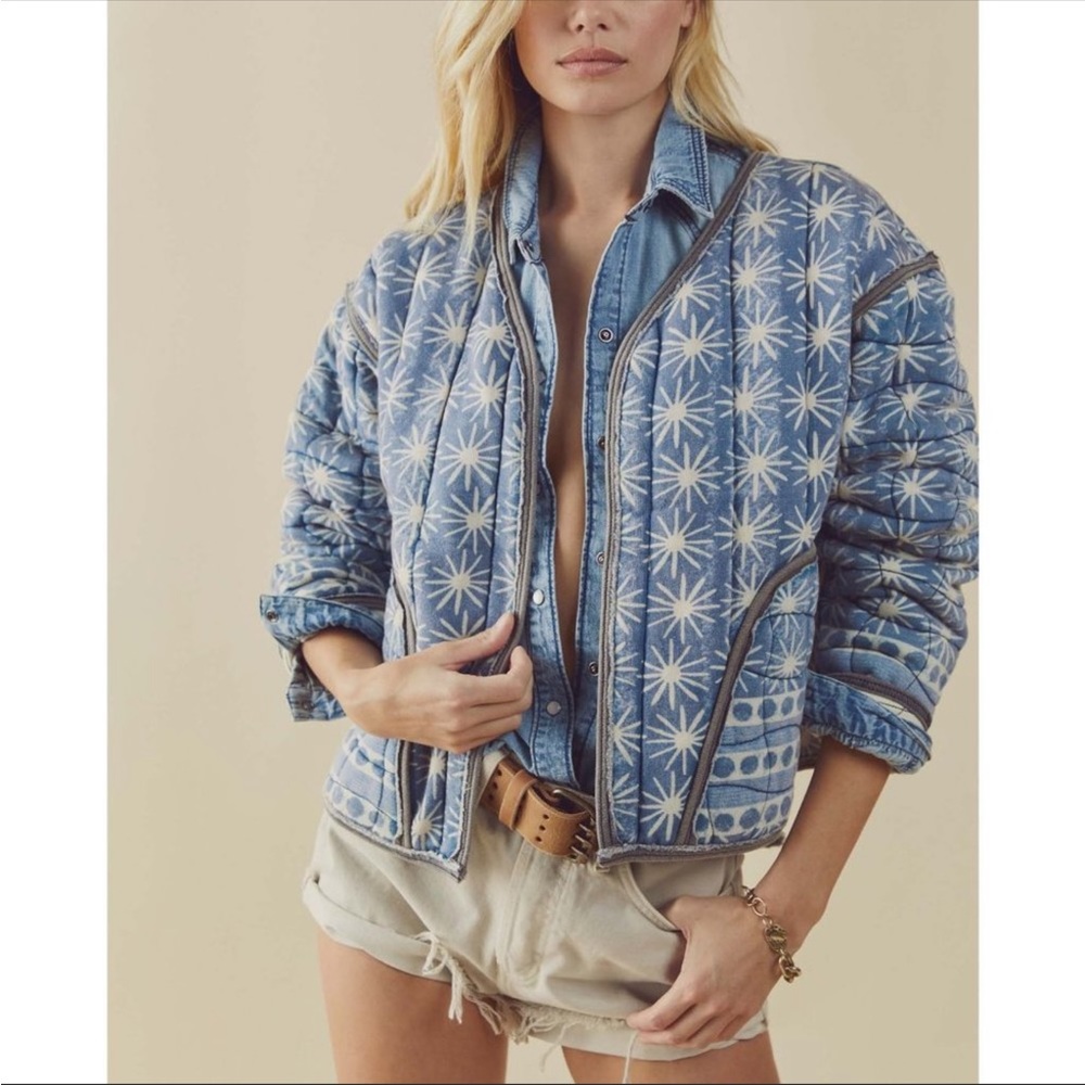 NWT Free People Kara Quilted Cardi / Pacific Combo